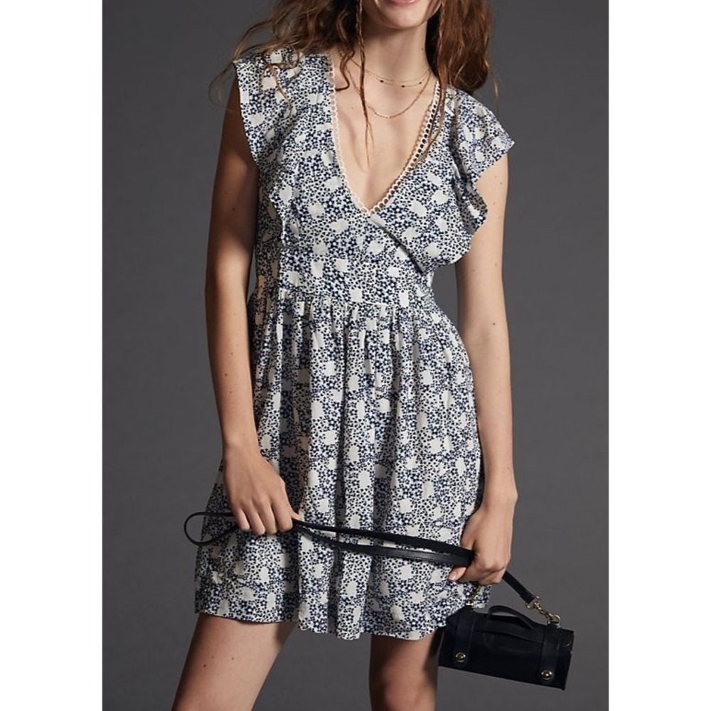 Anthropologie Blue White Floral Flutter Sleeve Mini Dress Tassel Tie Back S